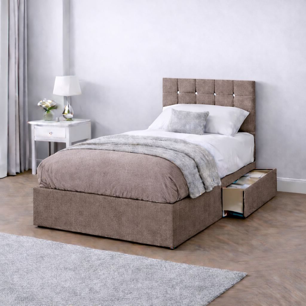 Chenille Bed with Headboard, Mattress & Drawer