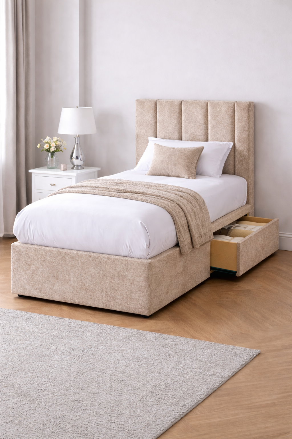 Chenille Bed with Headboard, Mattress & Drawer