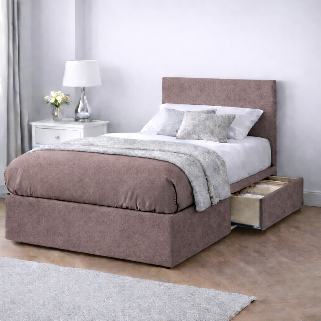 Chenille Bed with Headboard, Mattress & Drawer