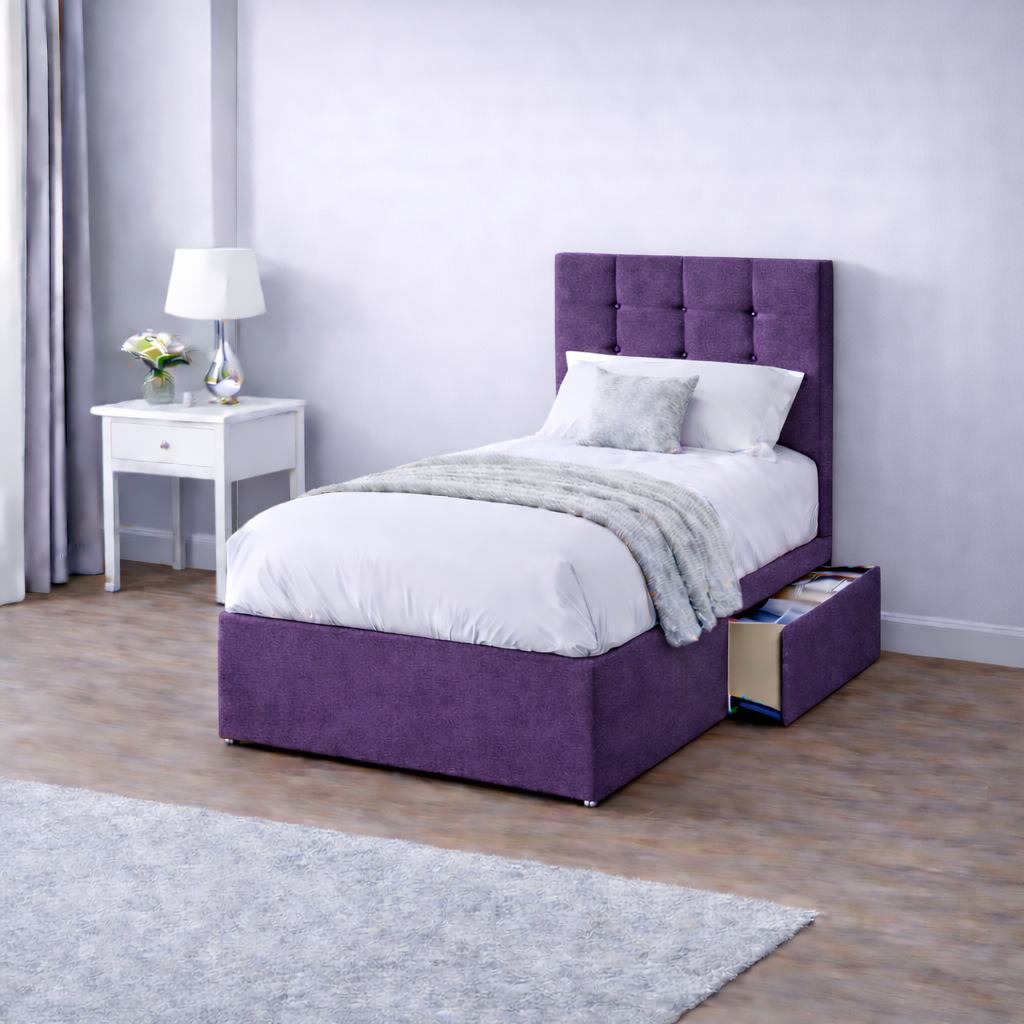 Chenille Bed with Headboard, Mattress & Drawer