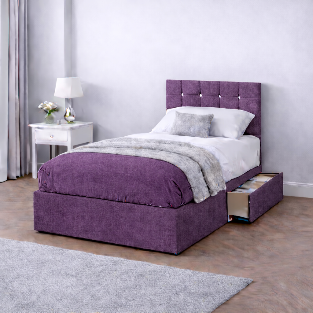 Chenille Bed with Headboard, Mattress & Drawer