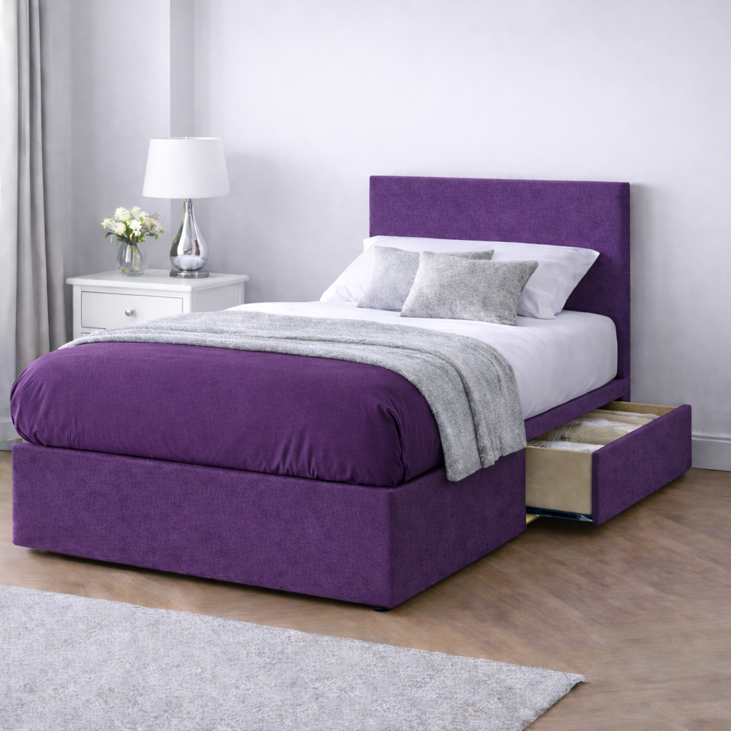 Chenille Bed with Headboard, Mattress & Drawer