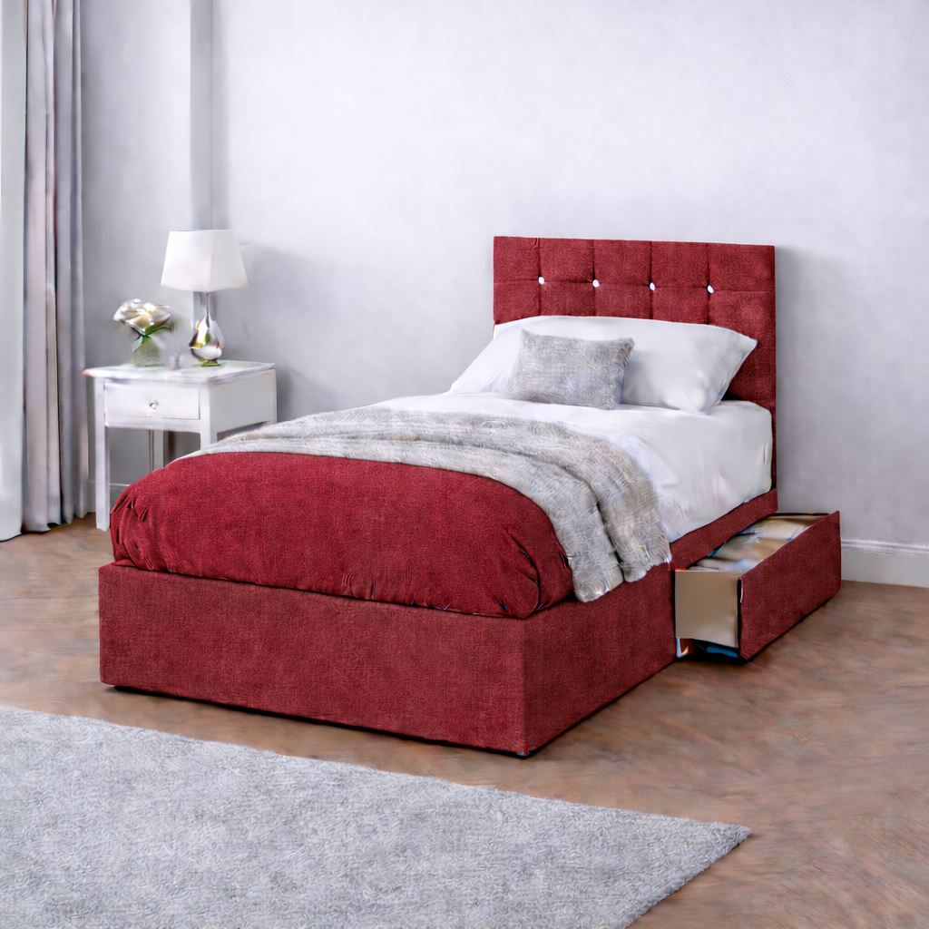 Chenille Bed with Headboard, Mattress & Drawer