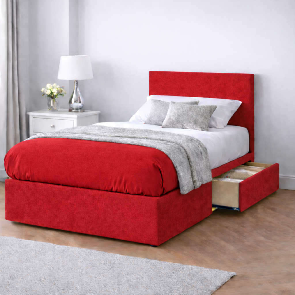 Chenille Bed with Headboard, Mattress & Drawer