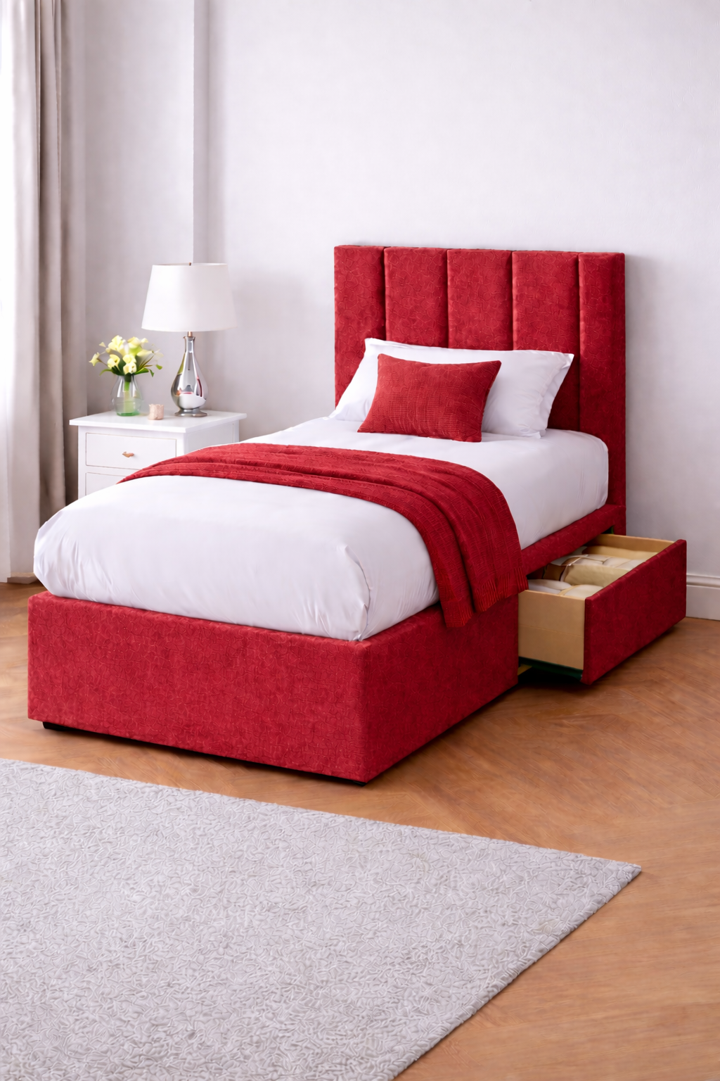 Chenille Bed with Headboard, Mattress & Drawer