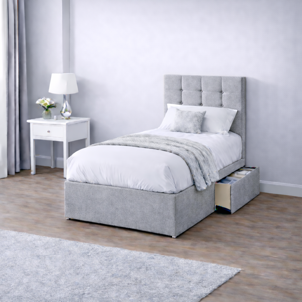 Chenille Bed with Headboard, Mattress & Drawer