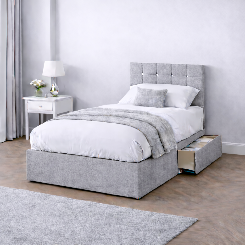 Chenille Bed with Headboard, Mattress & Drawer