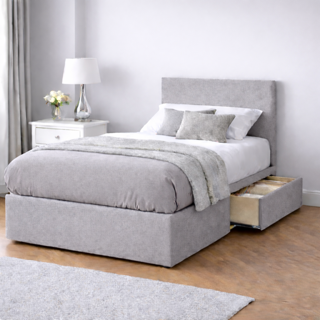 Chenille Bed with Headboard, Mattress & Drawer