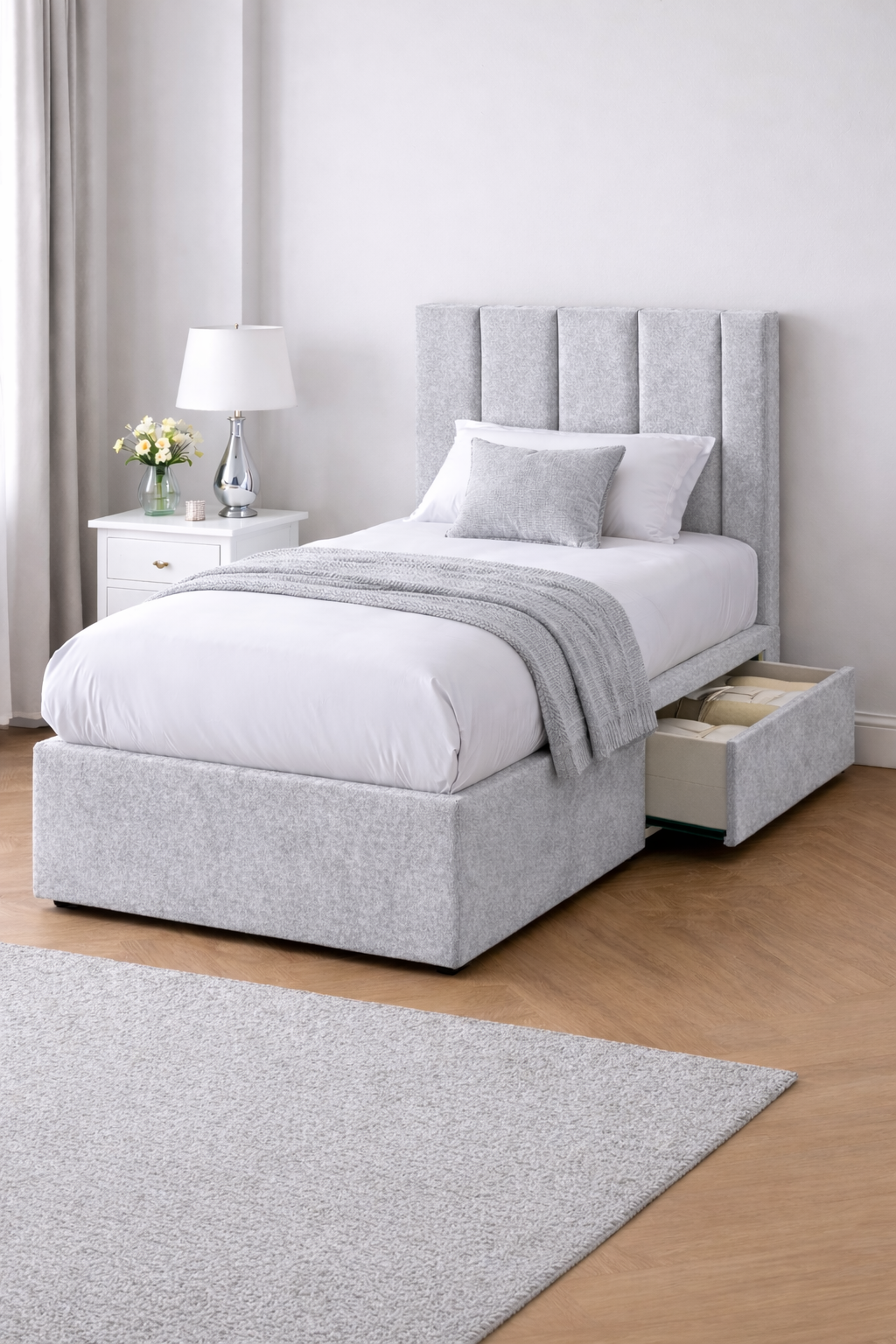 Chenille Bed with Headboard, Mattress & Drawer