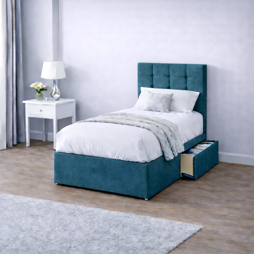 Chenille Bed with Headboard, Mattress & Drawer