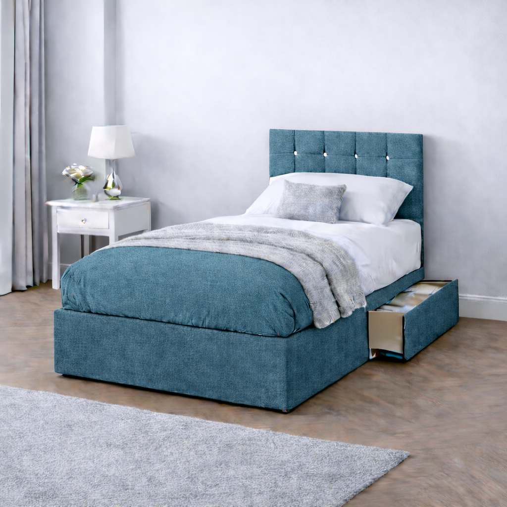 Chenille Bed with Headboard, Mattress & Drawer