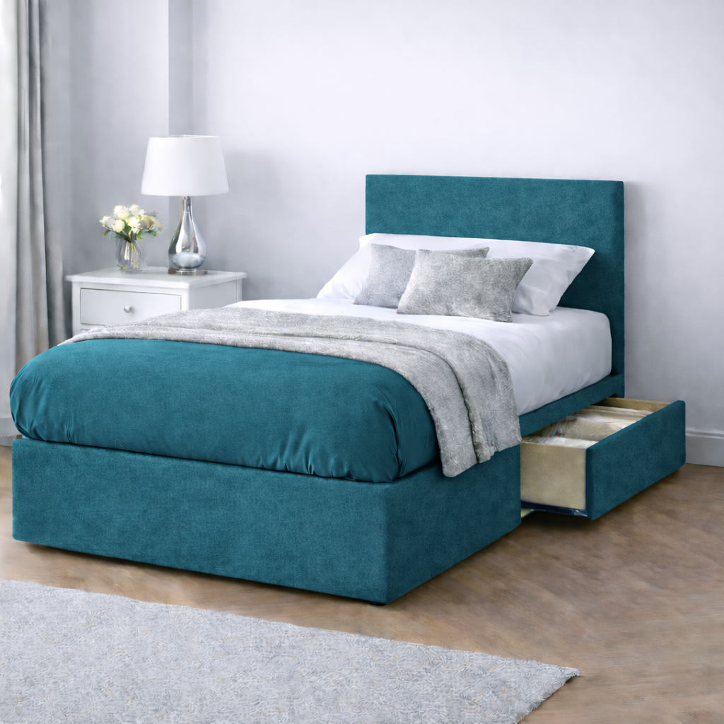 Chenille Bed with Headboard, Mattress & Drawer