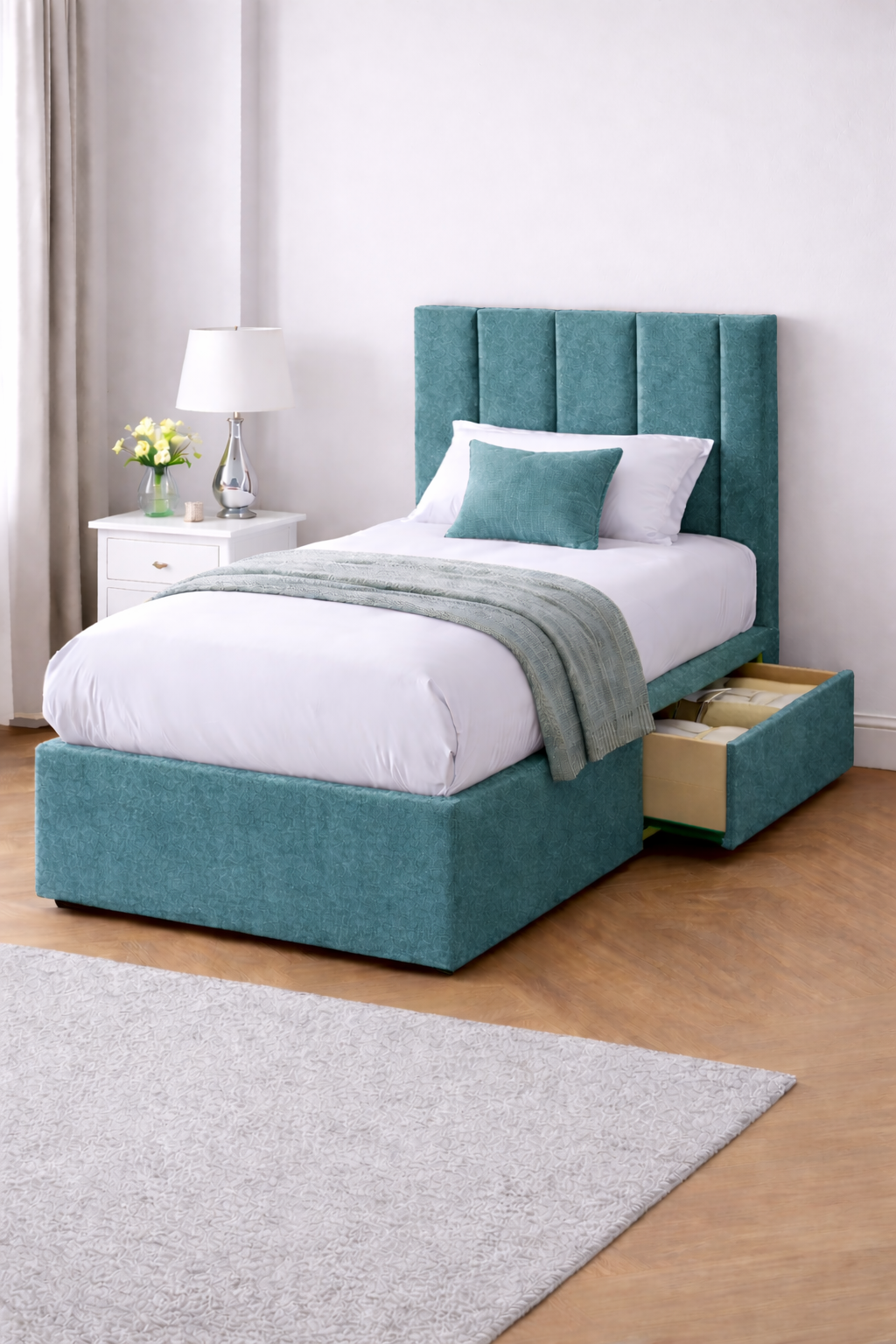 Chenille Bed with Headboard, Mattress & Drawer