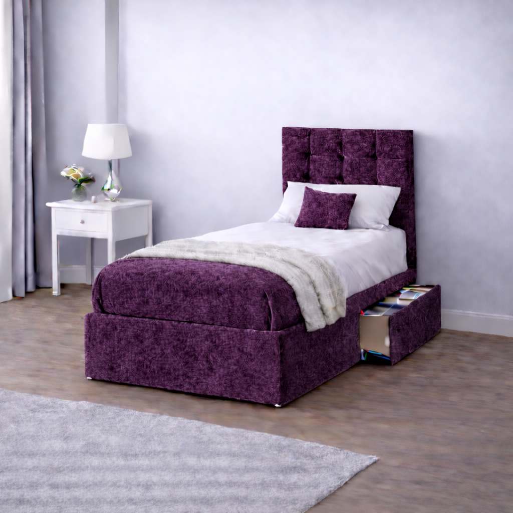 Crushed Velvet Bed with Headboard, Mattress & Drawer
