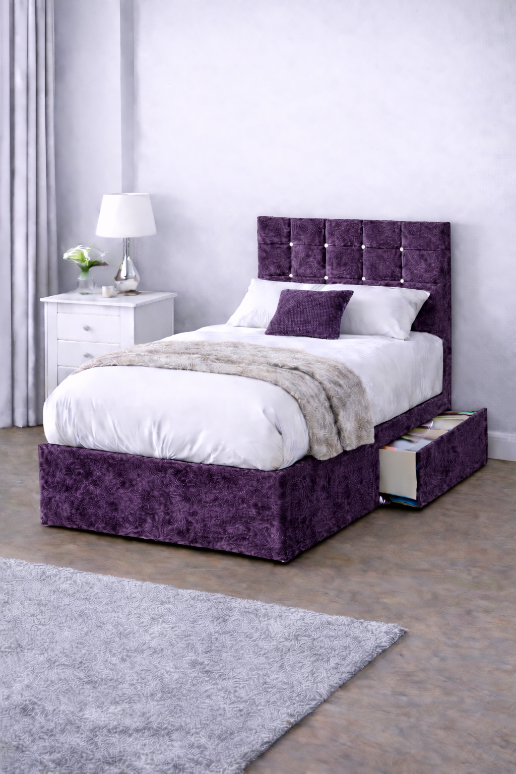 Crushed Velvet Bed with Headboard, Mattress & Drawer