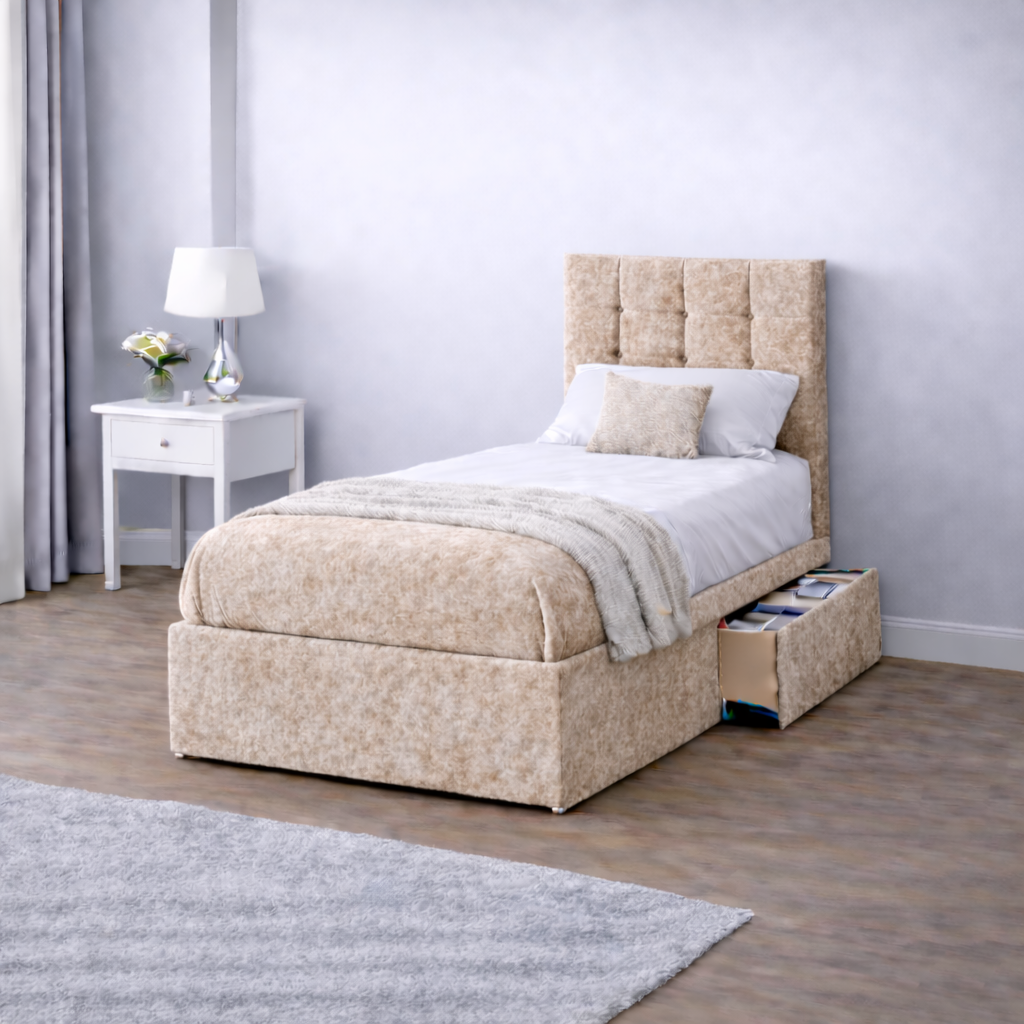 Crushed Velvet Bed with Headboard, Mattress & Drawer