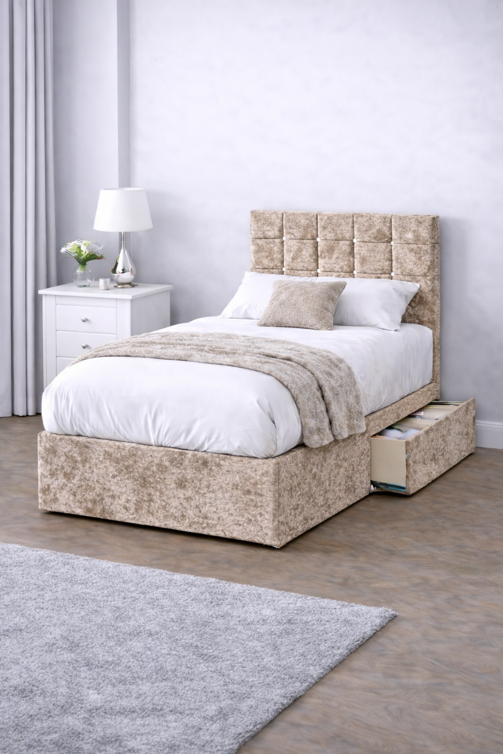 Crushed Velvet Bed with Headboard, Mattress & Drawer