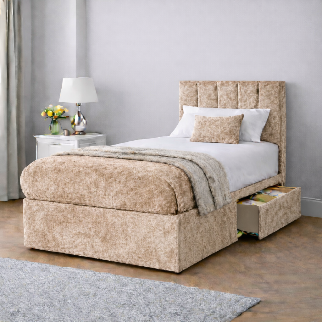Crushed Velvet Bed with Headboard, Mattress & Drawer