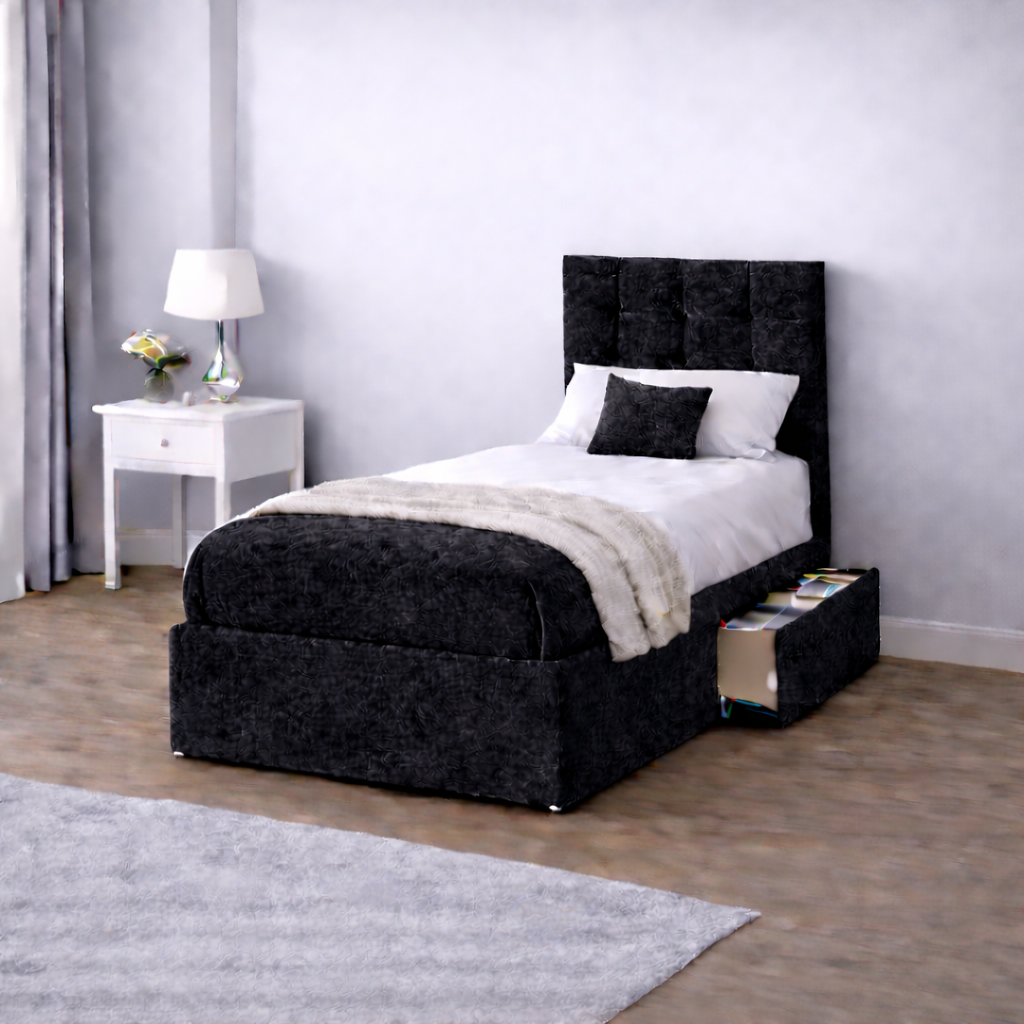 Crushed Velvet Bed with Headboard, Mattress & Drawer
