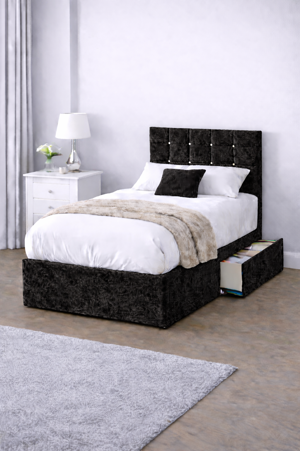 Crushed Velvet Bed with Headboard, Mattress & Drawer