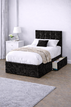 Crushed Velvet Bed with Headboard, Mattress & Drawer