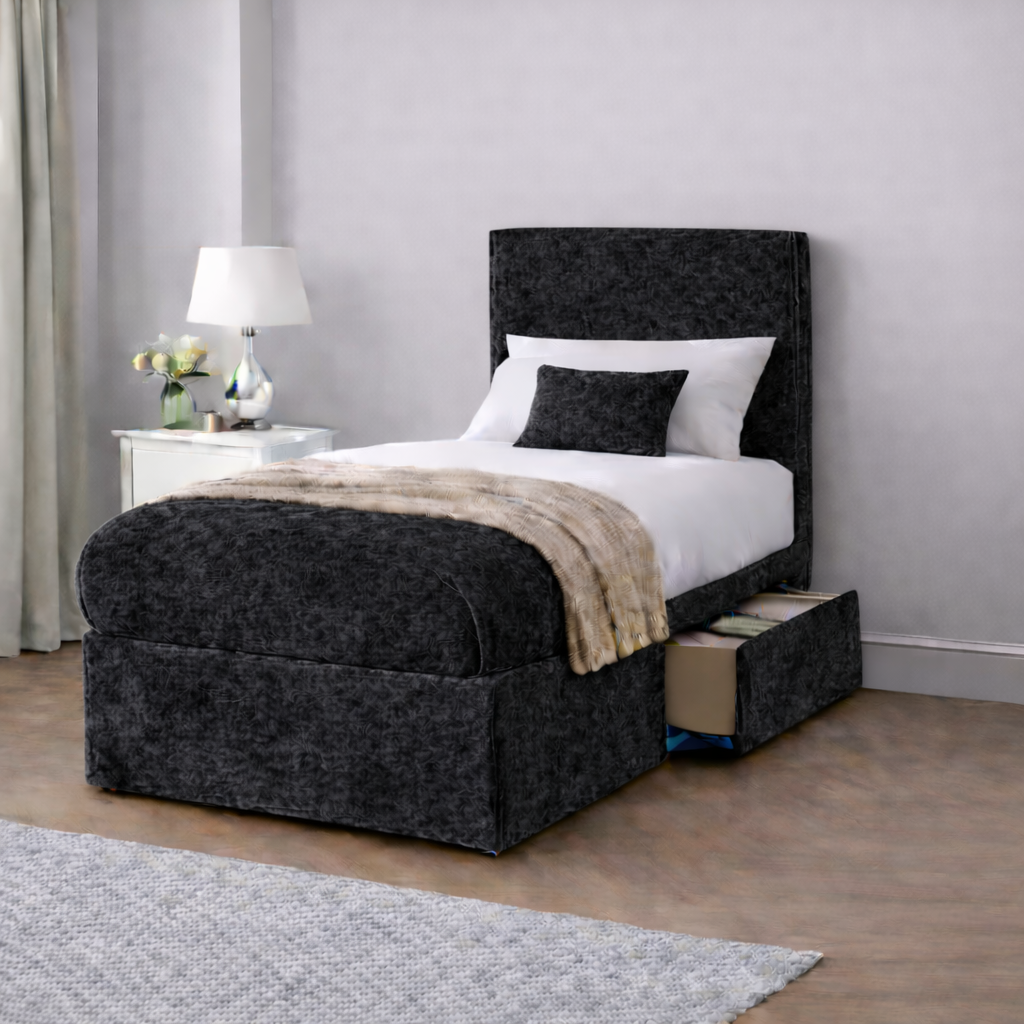 Crushed Velvet Bed with Headboard, Mattress & Drawer