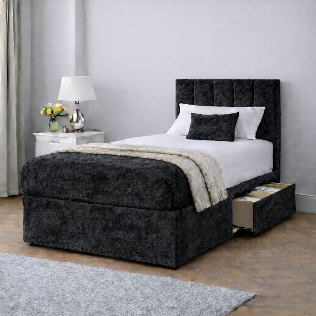 Crushed Velvet Bed with Headboard, Mattress & Drawer