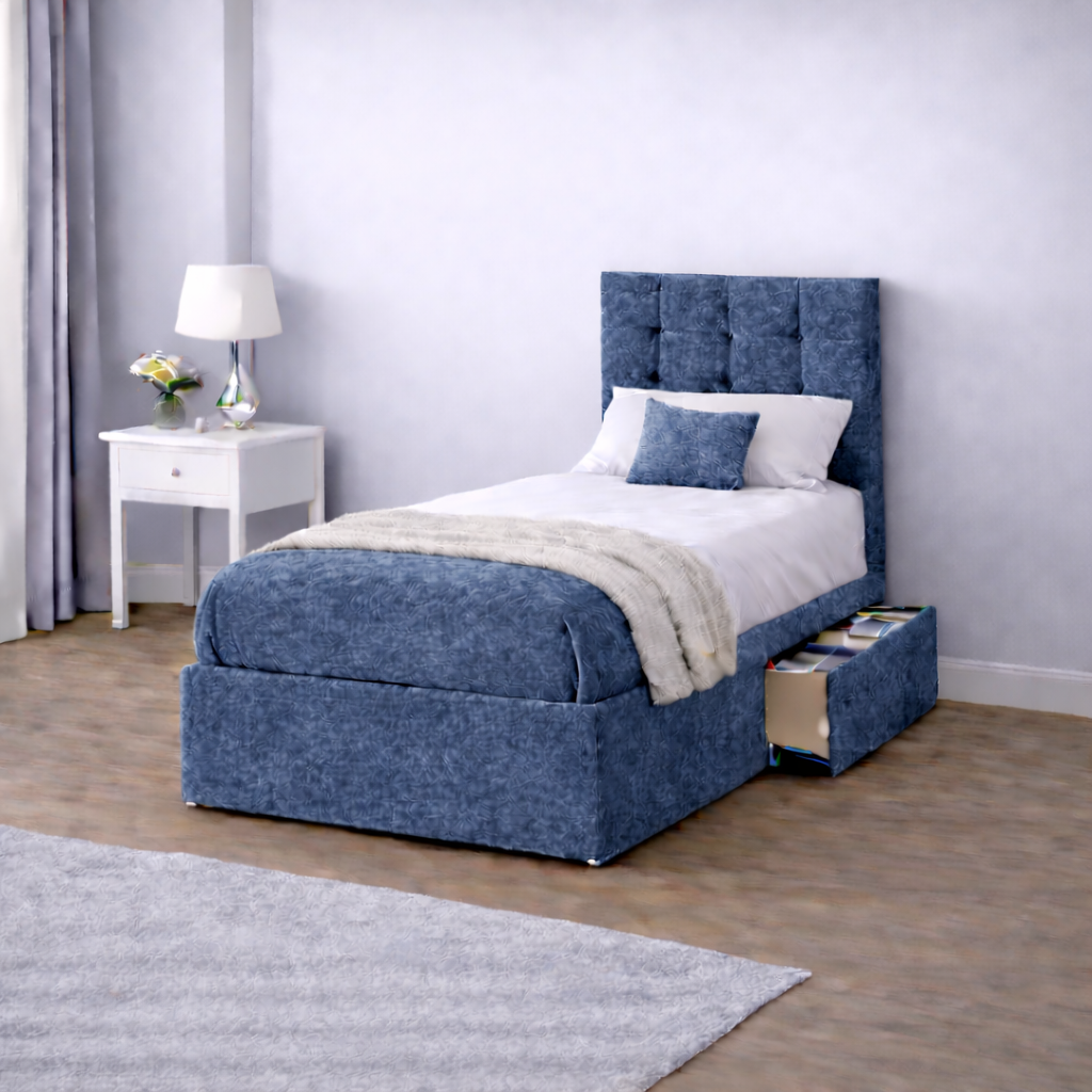 Crushed Velvet Bed with Headboard, Mattress & Drawer