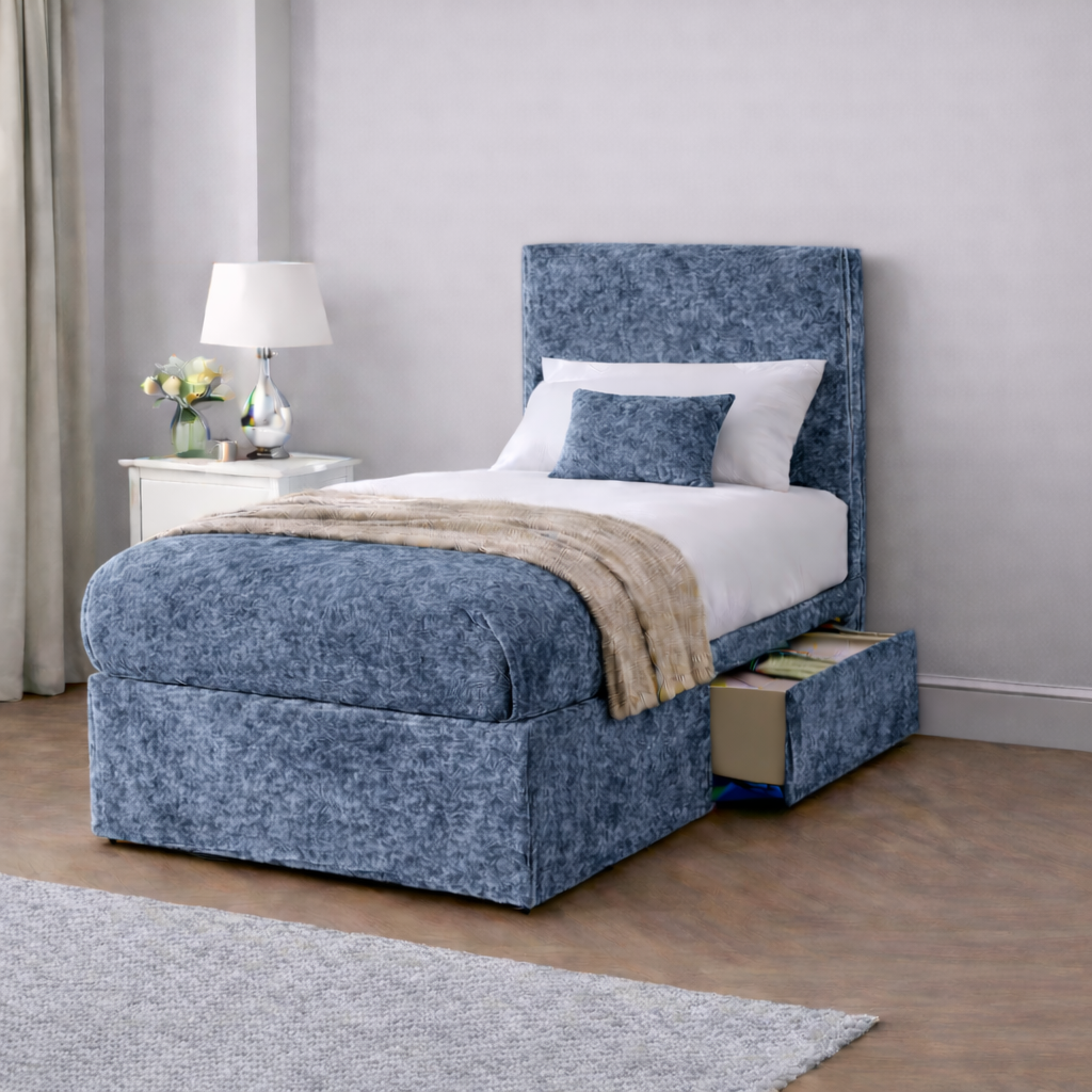 Crushed Velvet Bed with Headboard, Mattress & Drawer