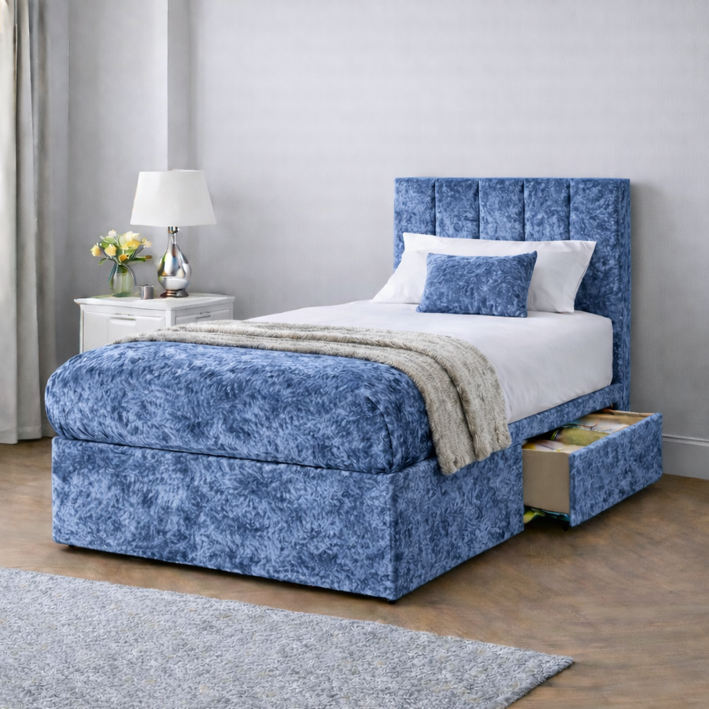 Crushed Velvet Bed with Headboard, Mattress & Drawer