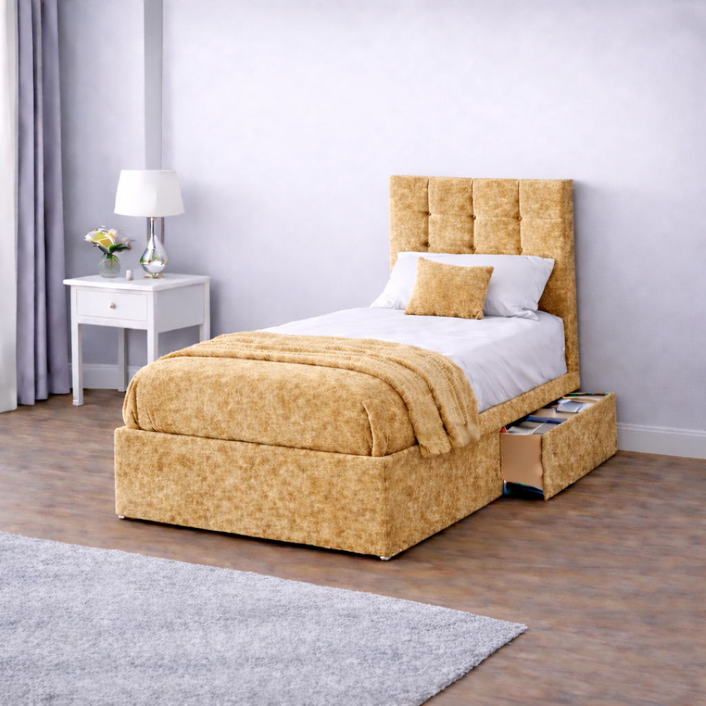 Crushed Velvet Bed with Headboard, Mattress & Drawer