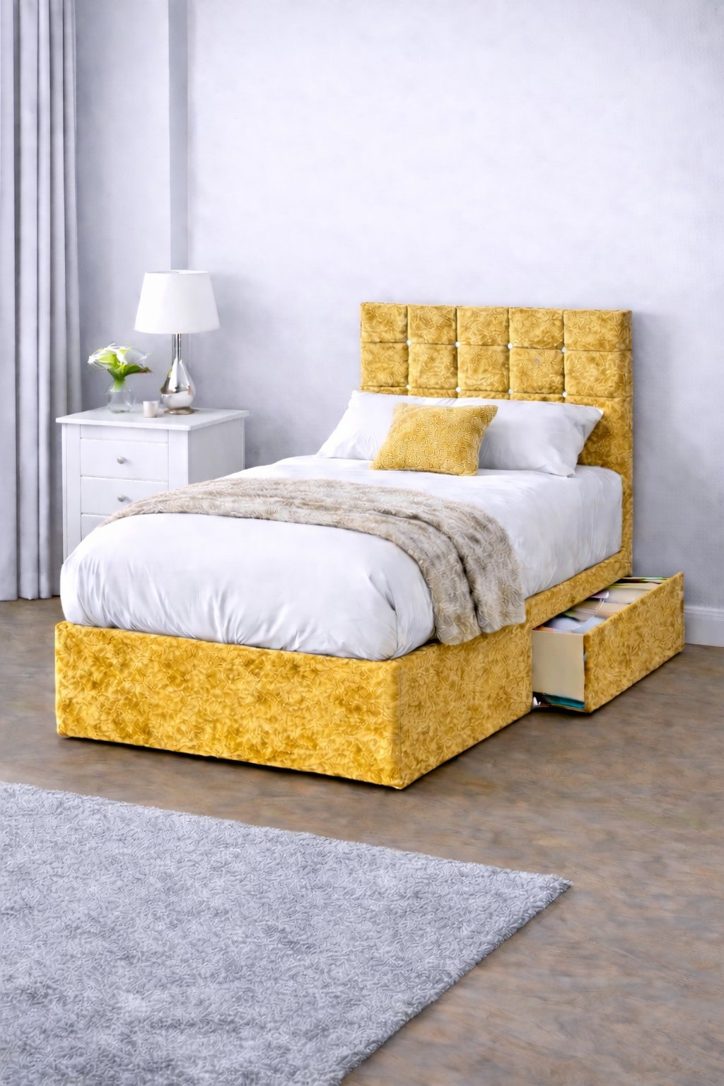 Crushed Velvet Bed with Headboard, Mattress & Drawer