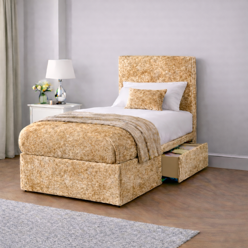 Crushed Velvet Bed with Headboard, Mattress & Drawer