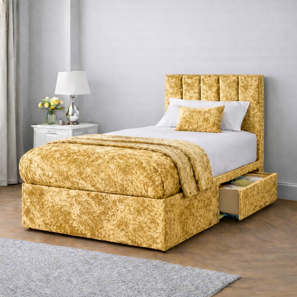 Crushed Velvet Bed with Headboard, Mattress & Drawer