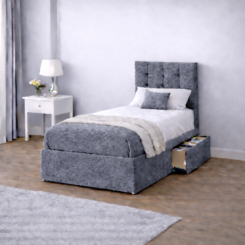 Crushed Velvet Bed with Headboard, Mattress & Drawer