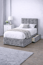 Crushed Velvet Bed with Headboard, Mattress & Drawer