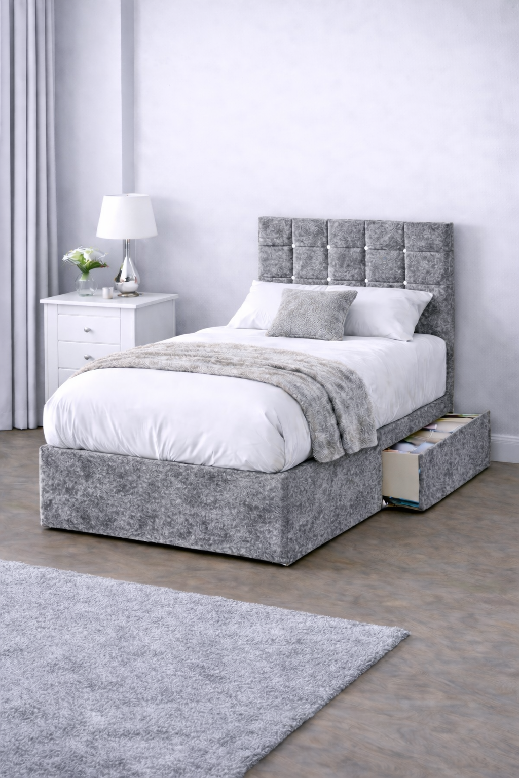 Crushed Velvet Bed with Headboard, Mattress & Drawer