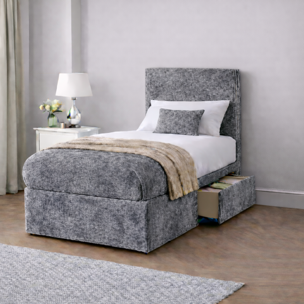 Crushed Velvet Bed with Headboard, Mattress & Drawer