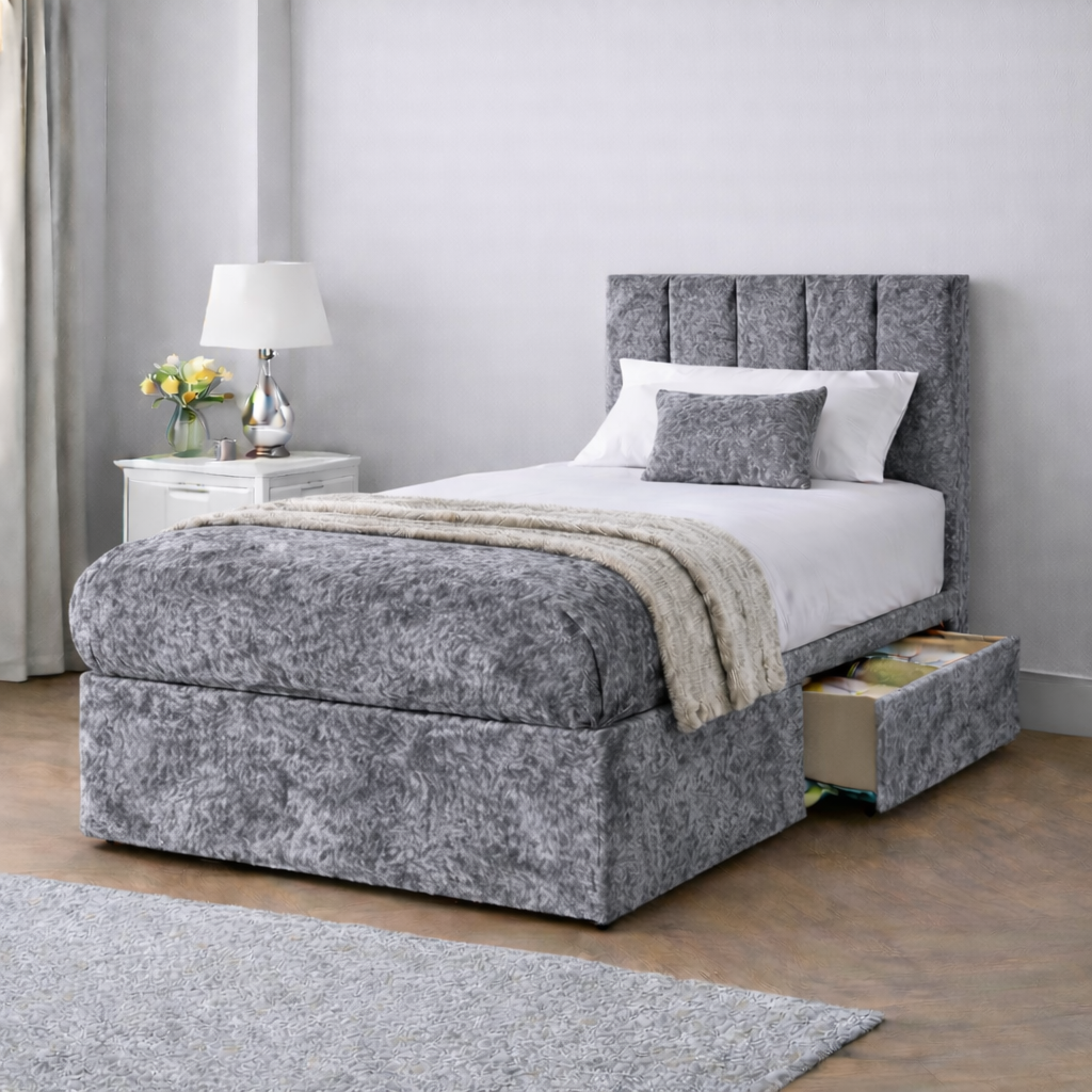 Crushed Velvet Bed with Headboard, Mattress & Drawer