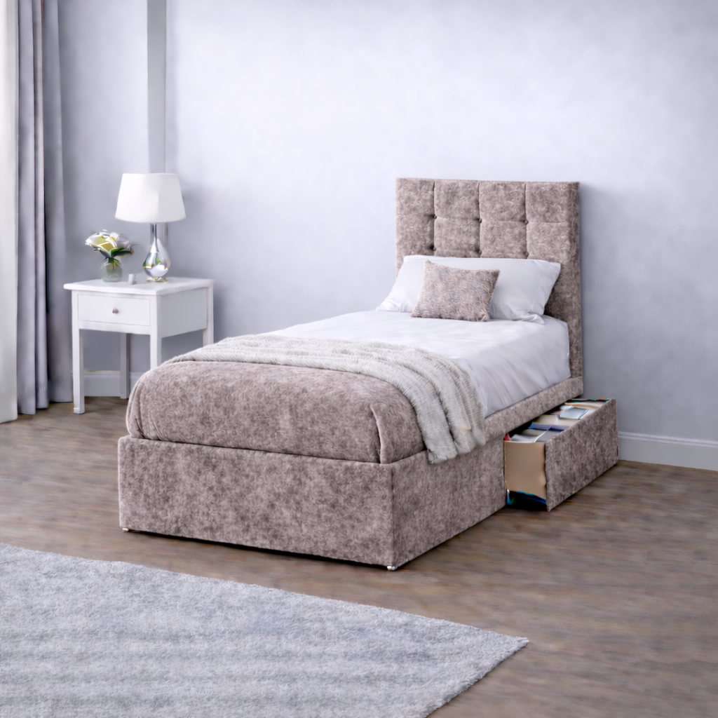 Crushed Velvet Bed with Headboard, Mattress & Drawer