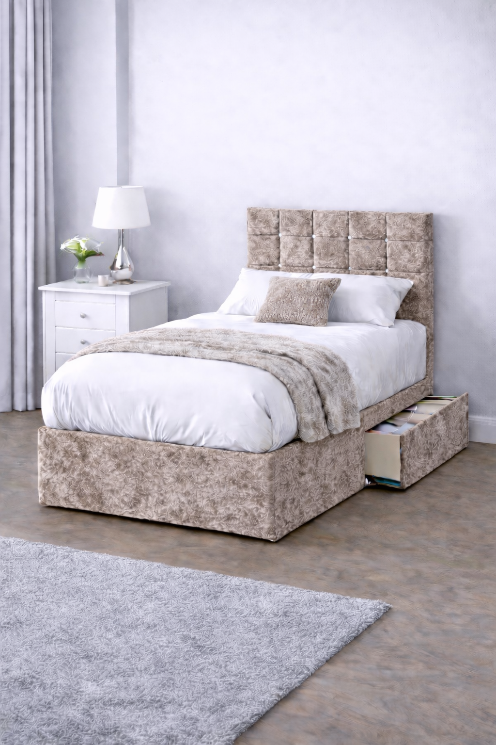 Crushed Velvet Bed with Headboard, Mattress & Drawer
