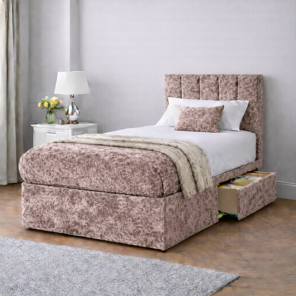 Crushed Velvet Bed with Headboard, Mattress & Drawer