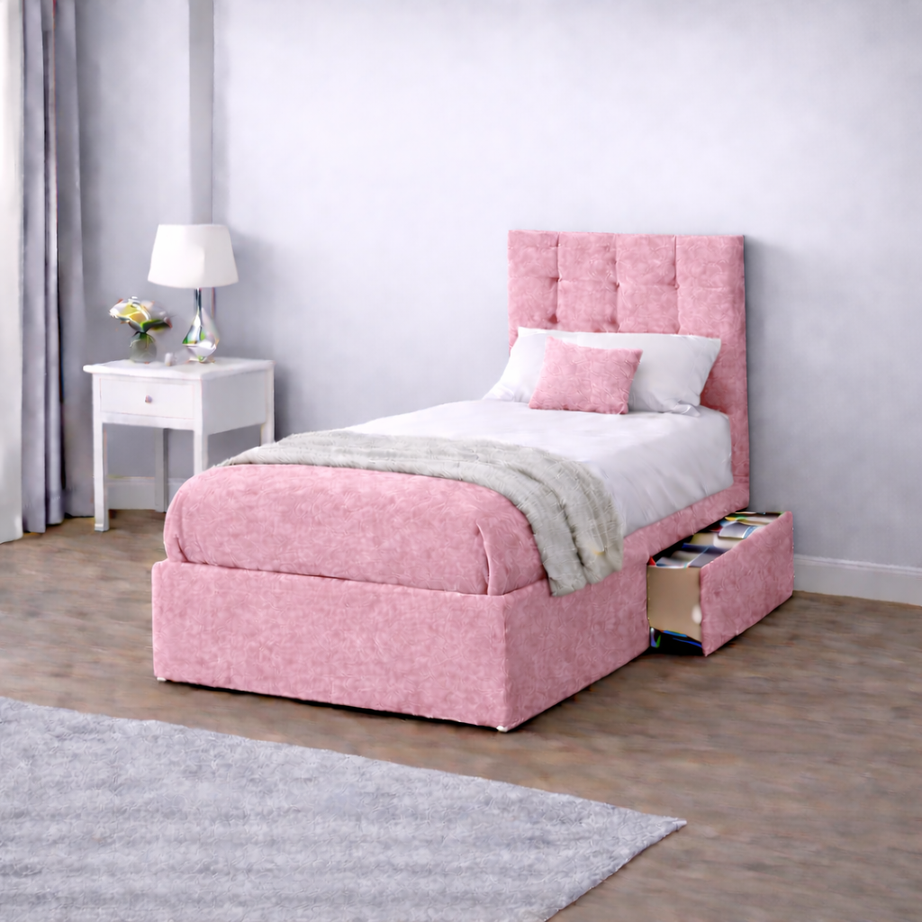 Crushed Velvet Bed with Headboard, Mattress & Drawer