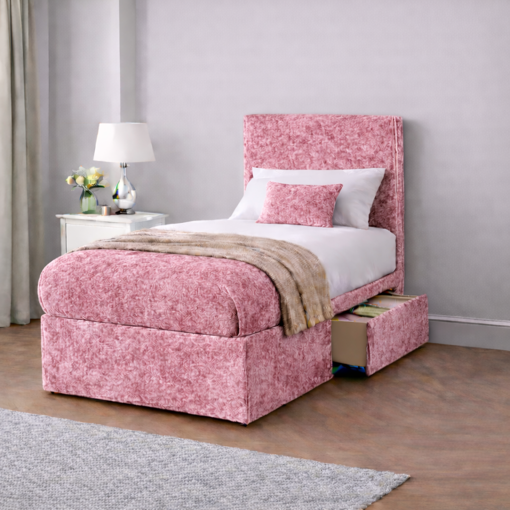 Crushed Velvet Bed with Headboard, Mattress & Drawer