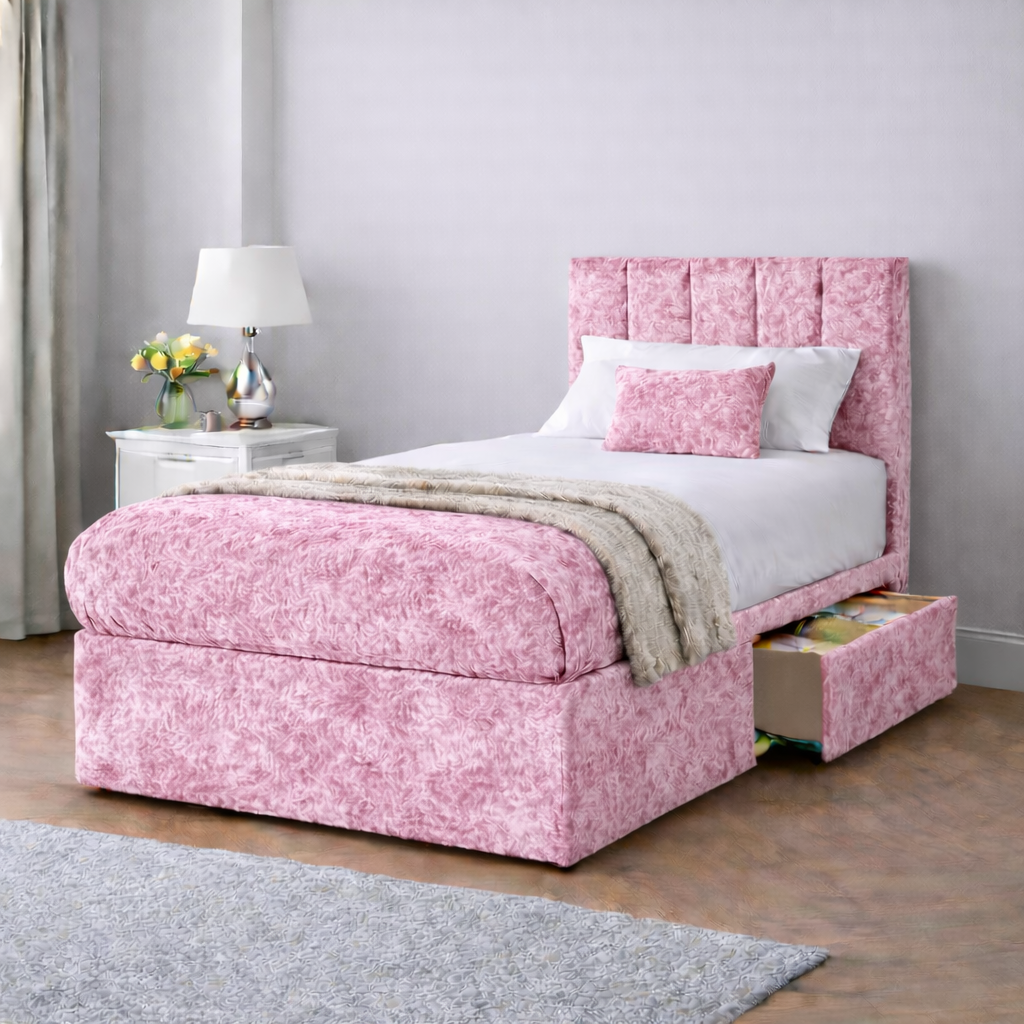 Crushed Velvet Bed with Headboard, Mattress & Drawer