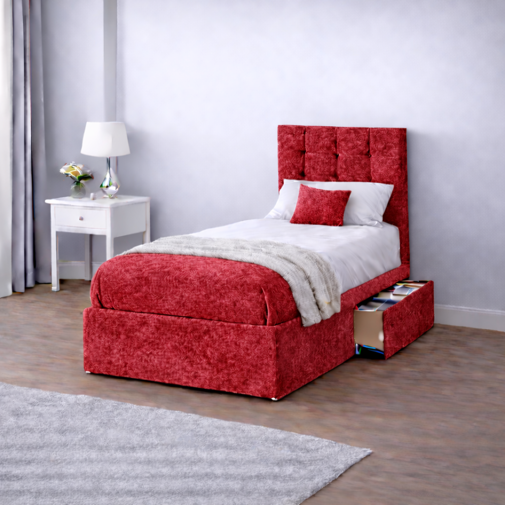 Crushed Velvet Bed with Headboard, Mattress & Drawer