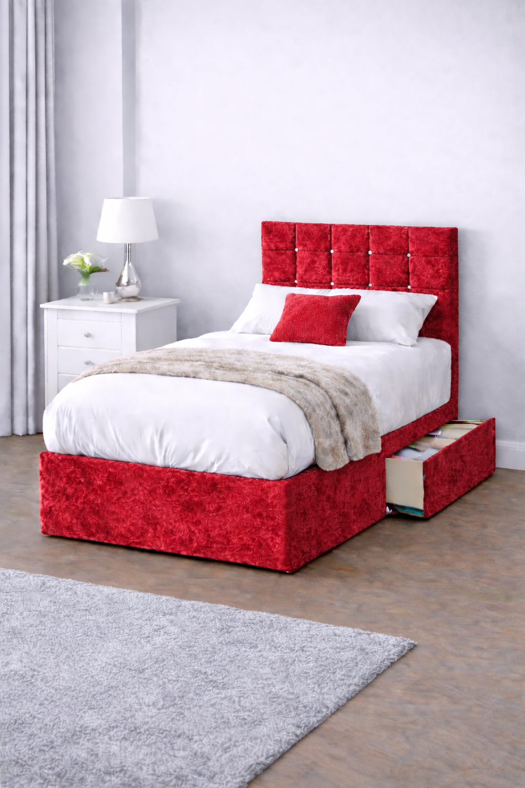 Crushed Velvet Bed with Headboard, Mattress & Drawer