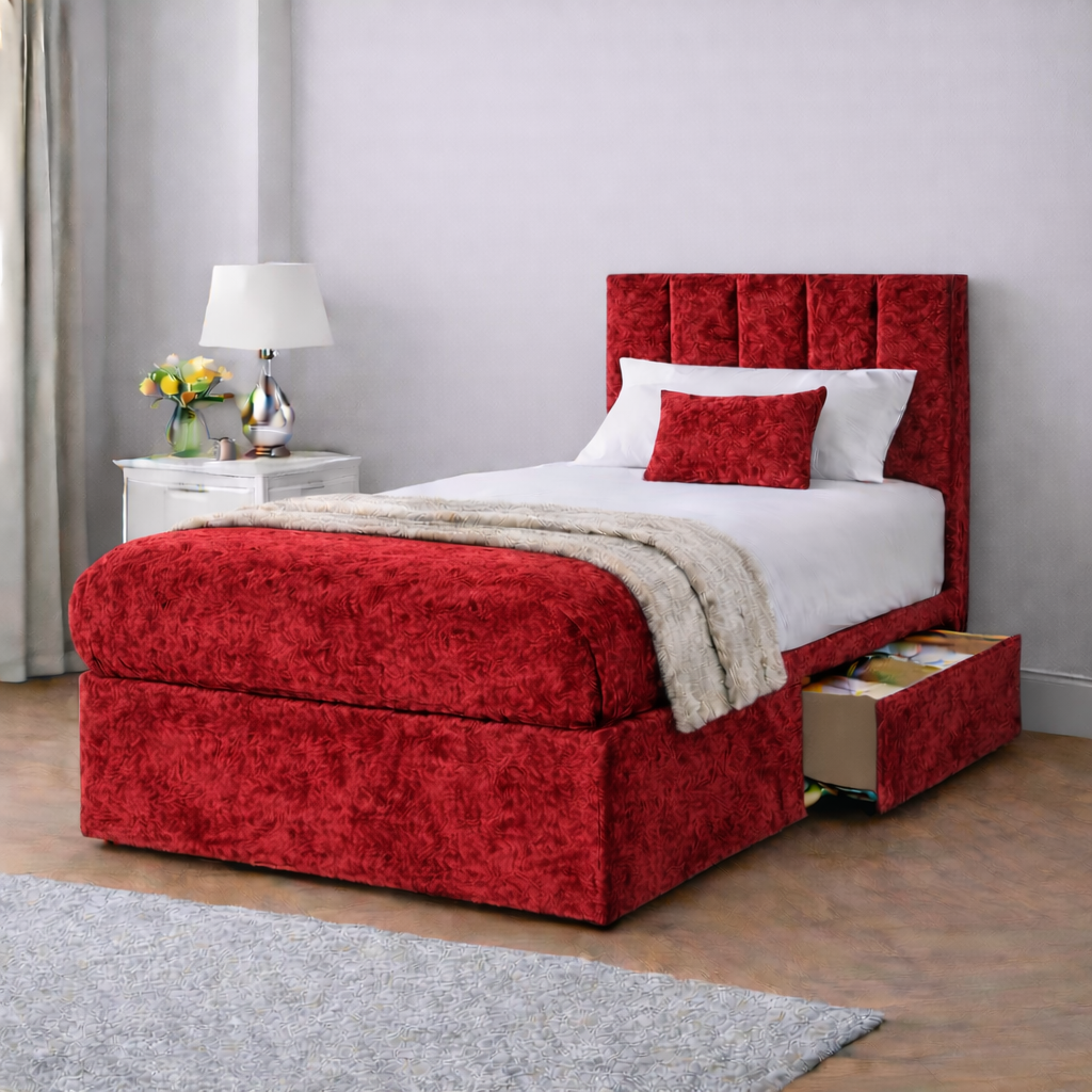 Crushed Velvet Bed with Headboard, Mattress & Drawer