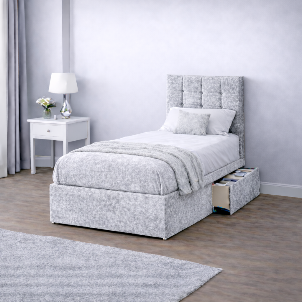 Crushed Velvet Bed with Headboard, Mattress & Drawer
