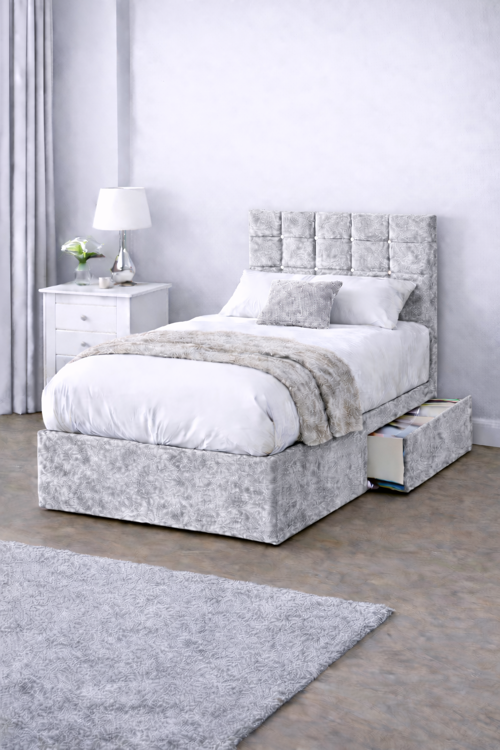 Crushed Velvet Bed with Headboard, Mattress & Drawer